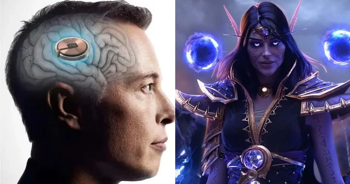 Neuralink brain-computer interface concept alongside World of Warcraft character