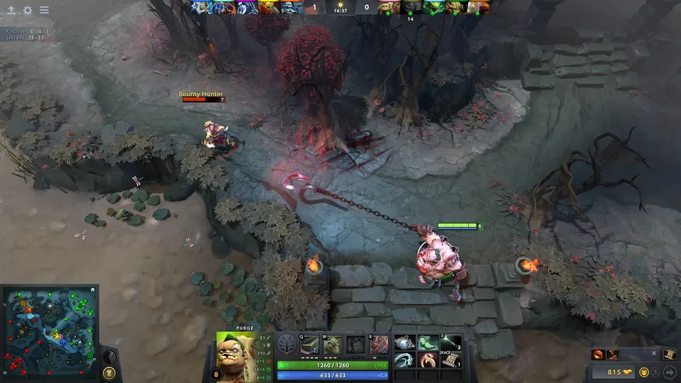 Dota 2 laning phase with creep waves clashing in the mid lane
