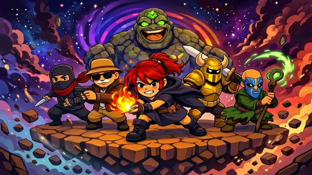 Nebulagon hero roster — 8 playable characters on a floating arena