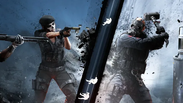 Rainbow Six Siege operators breaching through a reinforced wall with dramatic lighting